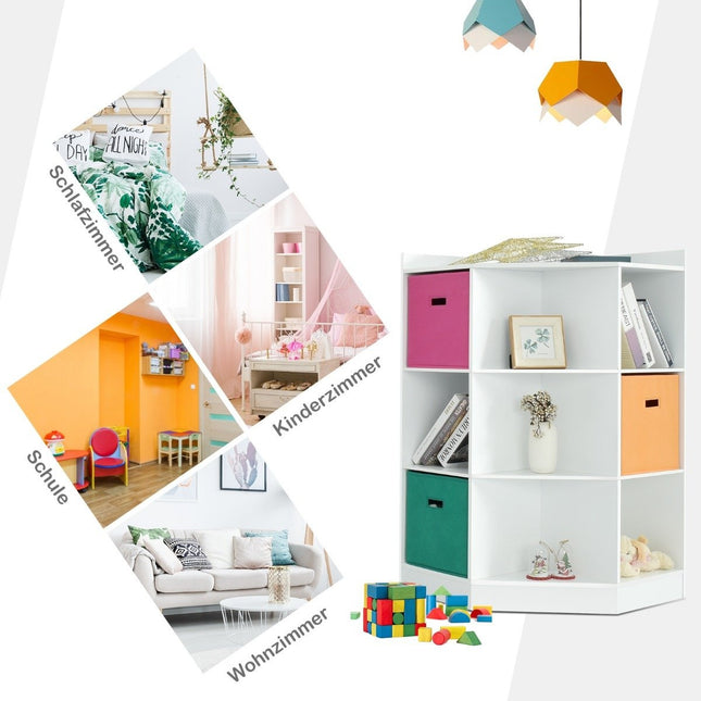 3-tier children's shelf with 6 open shelves and 3 colored baskets 81 x 61 x 94 cm white
