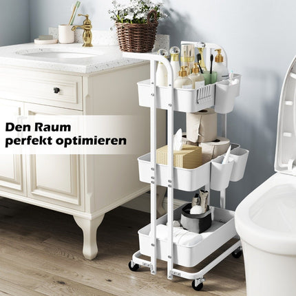 3-tier folding mobile serving trolley on wheels, metal kitchen trolley with handle, white