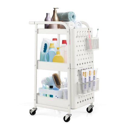 3-tier rolling cart metal cart with 2 pegboards & 2 baskets & 4 hooks white