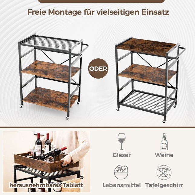 3 tier serving trolley kitchen trolley with removable tray & handle 73 x 40 x 94 cm brown + black