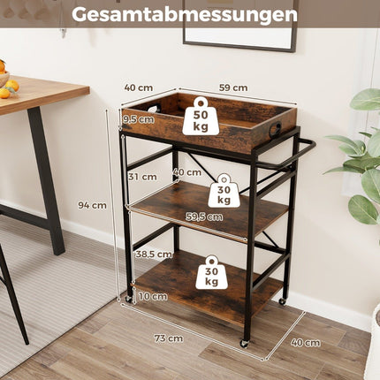 3 tier serving trolley kitchen trolley with removable tray & handle 73 x 40 x 94 cm brown + black