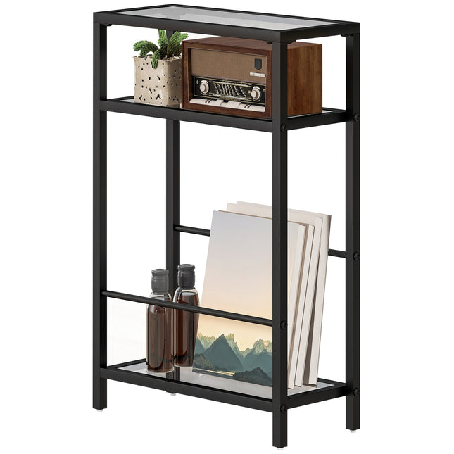 3-tier shelf with glass shelves, 18 cm wide, steel frame, crossbars, black