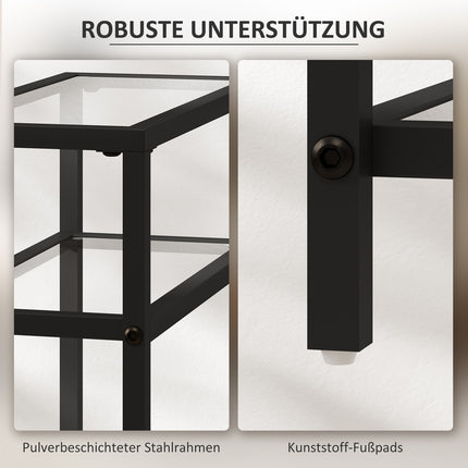 3-tier shelf with glass shelves, 18 cm wide, steel frame, crossbars, black