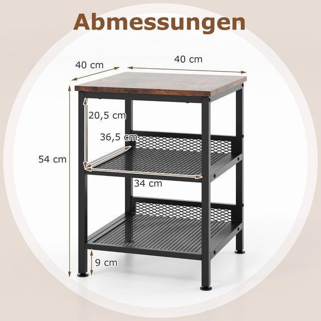 3 tier side table with metal frame & 2 grid shelves square bedside table industrial design