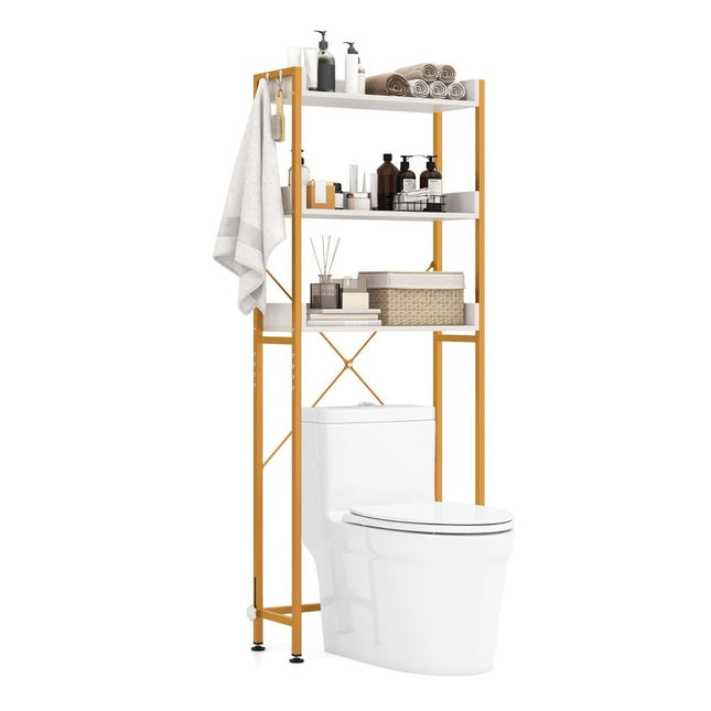 3-tier toilet shelf with 4 hooks and adjustable feet. Space-saving bathroom shelf, white