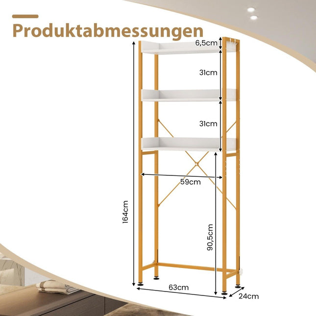 3-tier toilet shelf with 4 hooks and adjustable feet. Space-saving bathroom shelf, white