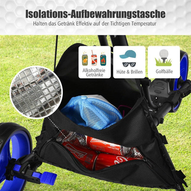 3-wheel folding golf trolley with scoreboard & umbrella & T-piece holder black + blue