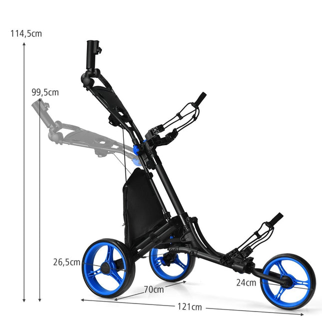 3-wheel folding golf trolley with scoreboard & umbrella & T-piece holder black + blue