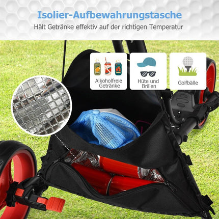 3 wheel golf trolley made of aluminum with umbrella holder & T-piece holder & storage bag