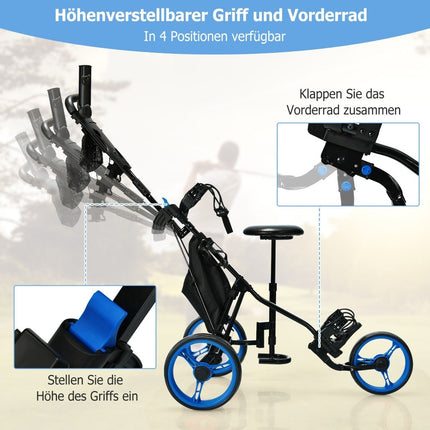 3 wheel golf trolley made of aluminum with umbrella holder & seat folding golf cart golf caddy blue
