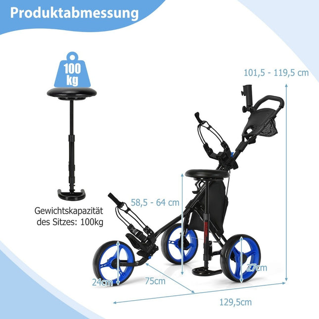 3 wheel golf trolley made of aluminum with umbrella holder & seat folding golf cart golf caddy blue