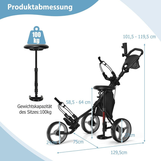 3 wheel golf trolley made of aluminum with umbrella holder & seat folding golf cart golf caddy gray