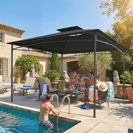 3x3m Garden Pavilion, Water-Resistant, Double Roof, Dark Grey