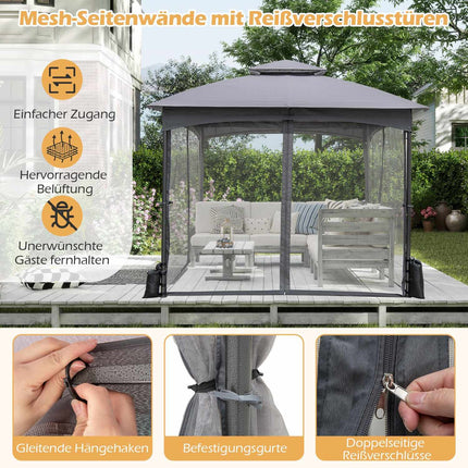 3x3 m Gazebo with Mosquito Net, Double Roof, Grey