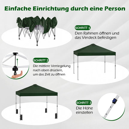 3 x 3 m Green Pop-Up Pavilion with Sandbags & Stakes