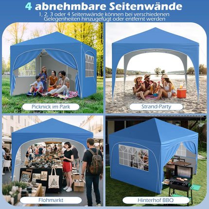 3x3 m Pop-Up Canopy Tent, 4 Removable Walls, Blue