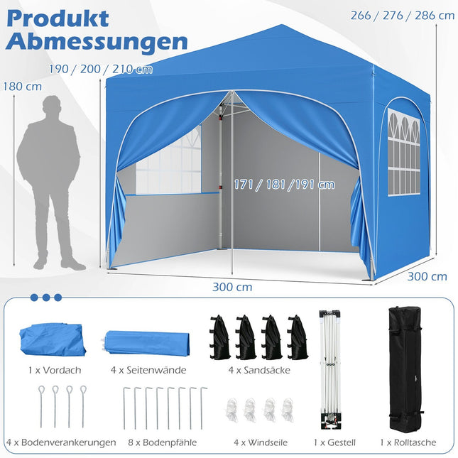 3x3 m Pop-Up Canopy Tent, 4 Removable Walls, Blue