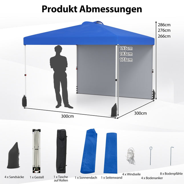 3 x 3 m Pop-Up Pavilion with Sidewall, Portable, Blue