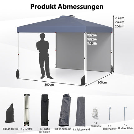 3 x 3 m Pop-Up Pavilion with Sidewall, Portable, Grey