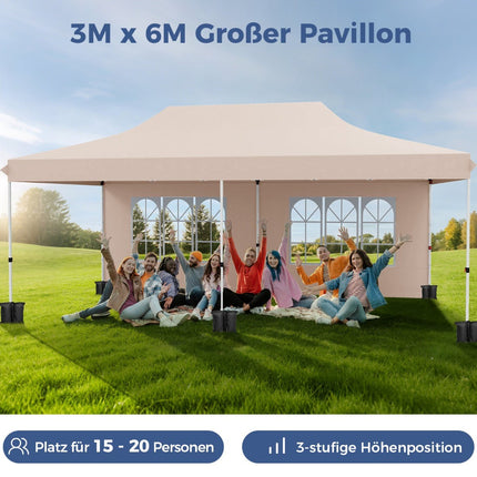 3x6m Beige Pop-Up Pavilion with Removable Sides