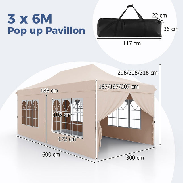 3x6m Beige Pop-Up Pavilion with Removable Sides