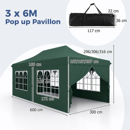 3x6m Green Pop-Up Canopy Tent with 6 Removable Walls