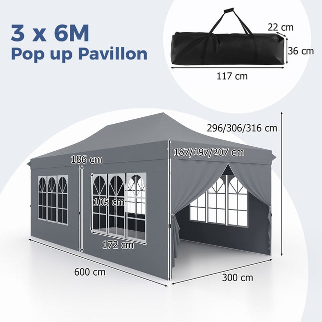 3x6m Grey Pop-Up Canopy Tent with 6 Removable Walls