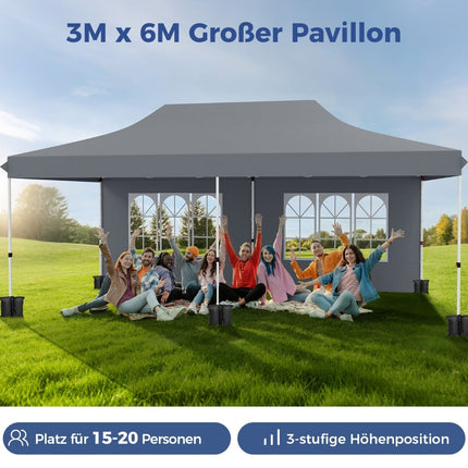 3x6m Grey Pop-Up Canopy Tent with 6 Removable Walls