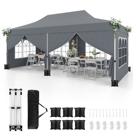 3x6m Pop-Up Gazebo, 6 Sidewalls, Zipper Doors, Grey