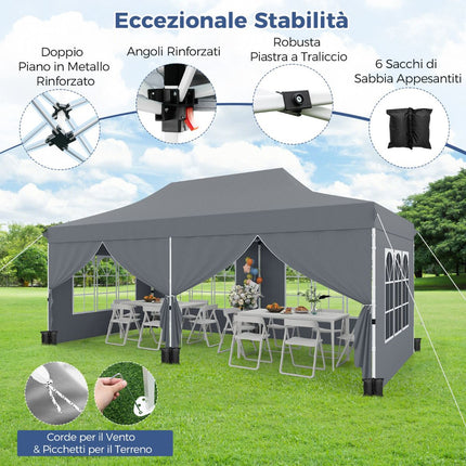 3x6m Pop-Up Gazebo, 6 Sidewalls, Zipper Doors, Grey