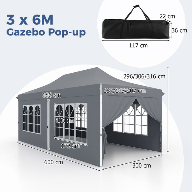 3x6m Pop-Up Gazebo, 6 Sidewalls, Zipper Doors, Grey