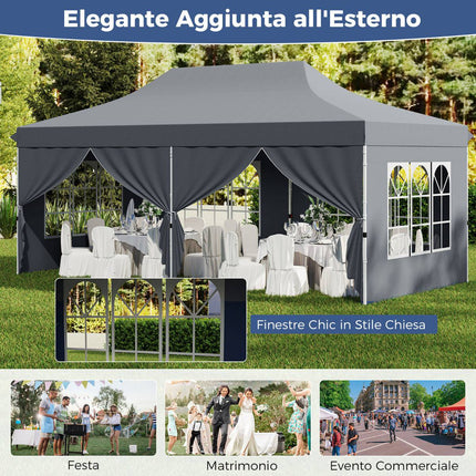 3x6m Pop-Up Gazebo, 6 Sidewalls, Zipper Doors, Grey