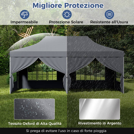 3x6m Pop-Up Gazebo, 6 Sidewalls, Zipper Doors, Grey