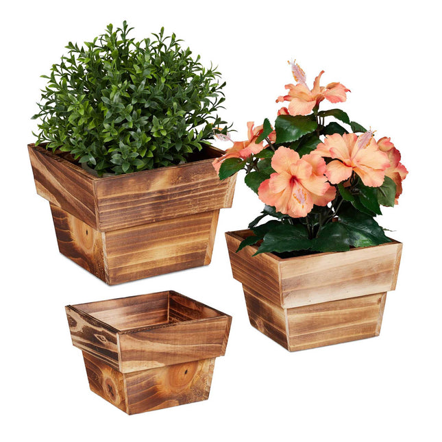 3x Wooden Square Plant Pots