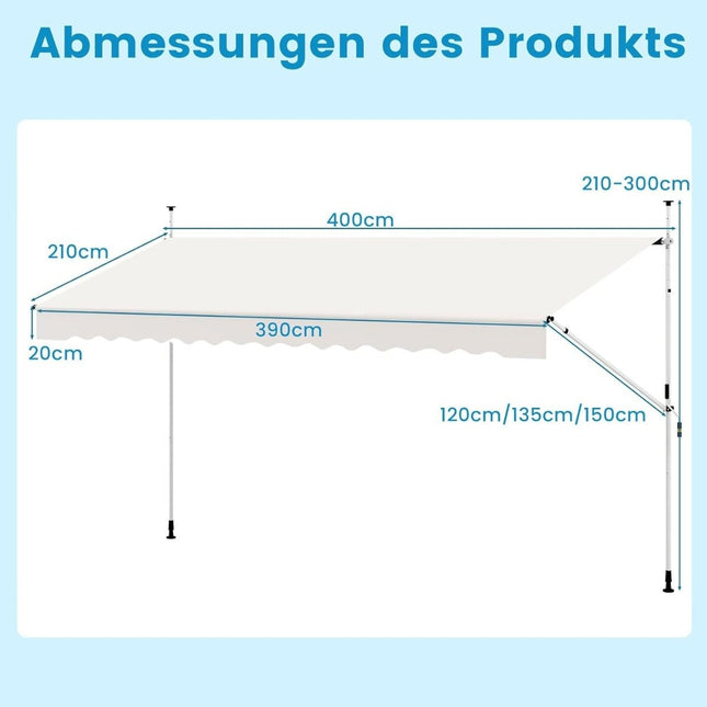 400 cm Adjustable Balcony Awning, No-Drill, White