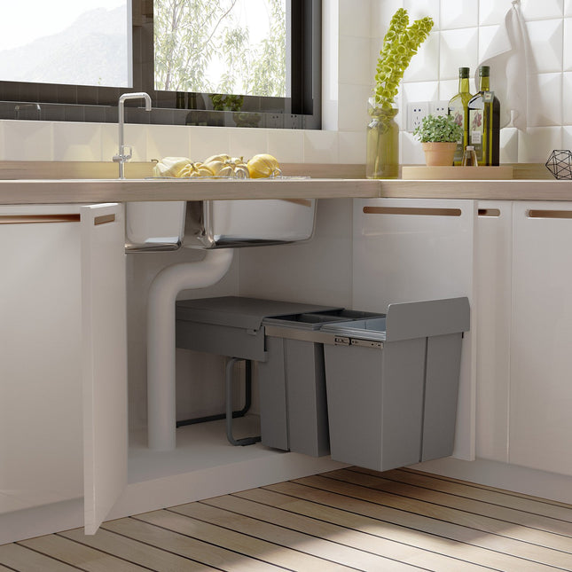 40L inbouw afvalbak, onderkast, uittrekbare afvalbak met 3 uitneembare vakken 1 x 20 & 2 x 10 L, voor kasten vanaf 400 mm breed, voor keuken, grijs