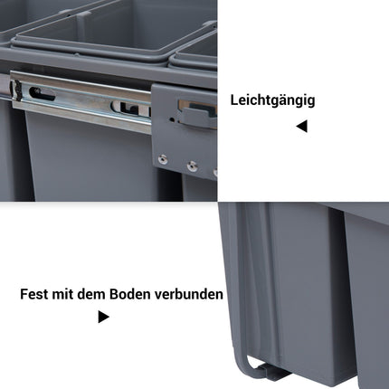 40L pull-out waste container with 3 compartments for kitchens