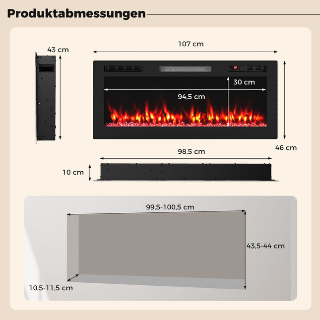 42" Electric Fireplace, 750W/1500W, Wi-Fi, Remote Control