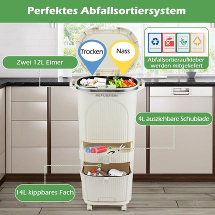 42L Kitchen Trash Bin with Lid, 3 Compartments, Wheels