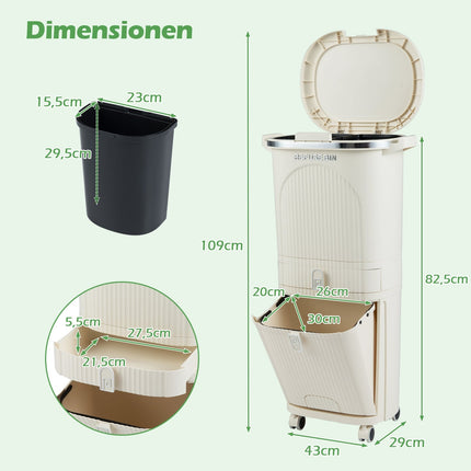 42L Kitchen Trash Bin with Lid, 3 Compartments, Wheels