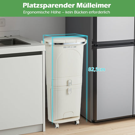 42L Kitchen Trash Bin with Lid, 3 Compartments, Wheels