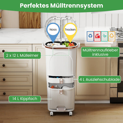 42L Kitchen Trash Can with Lid – 3-Tier Sorter, White