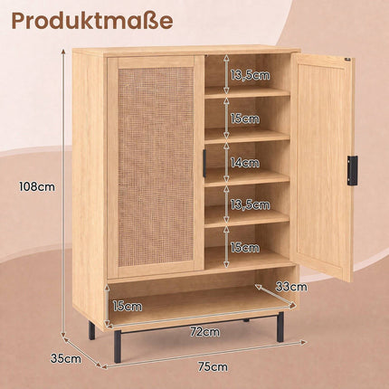 43" Tall 6-Tier Shoe Cabinet with Double Doors, Rattan Decor
