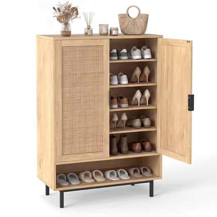 43" Tall 6-Tier Shoe Cabinet with Double Doors, Rattan Decor