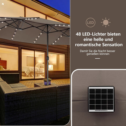 470cm Large Double Patio Umbrella with 48 Solar LED Lights & Crank Outdoor Umbrella Brown