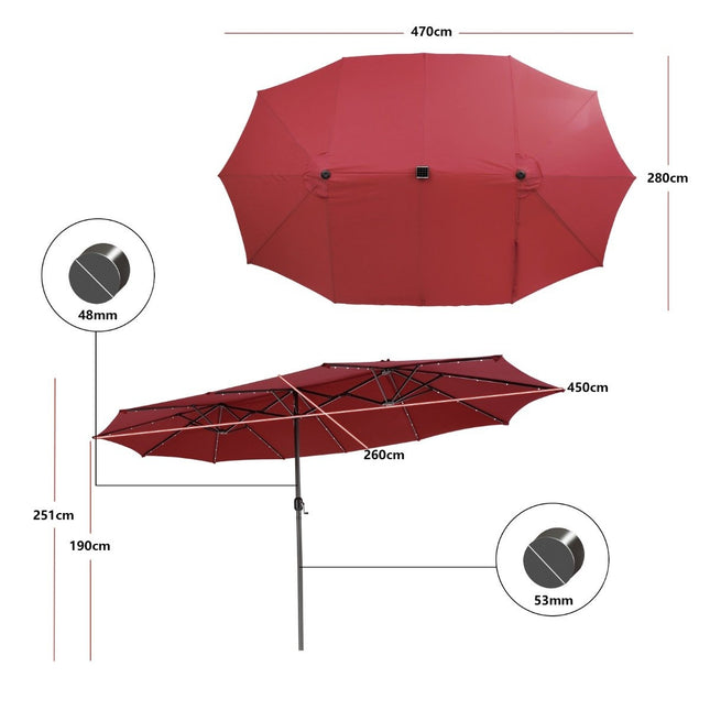470cm Large Double Patio Umbrella with 48 Solar LED Lights & Crank Outdoor Umbrella Red