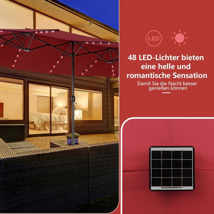 470cm Large Double Patio Umbrella with 48 Solar LED Lights & Crank Outdoor Umbrella Red