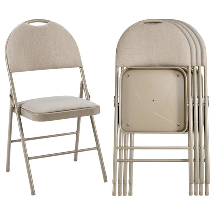 4 Beige Folding Chairs, Metal Frame, Padded Seat