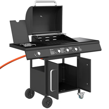 4-Burner Gas Grill with Side Burner, Storage, Black
