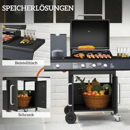 4-Burner Gas Grill with Side Burner, Storage, Black